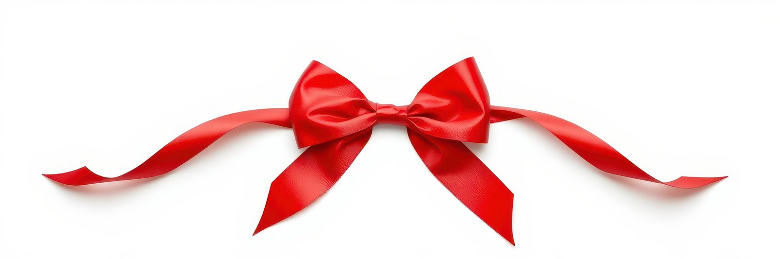 Bright red ribbon bow with flowing tails, perfect for gifts or decorations, creating a festive atmosphere